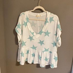 Altar’d State waffle weave baby doll top with light teal star print